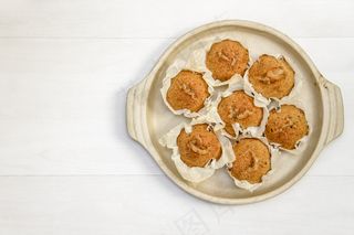 烤，清洁，烹饪，副本空间，平躺，自制，厨房，松饼，营养，锅，简单，表，顶部，白色背景