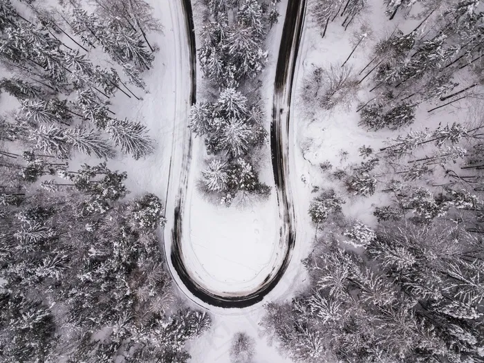 空中，冷，无人机，森林，高清壁纸，路，雪，树木，冬季