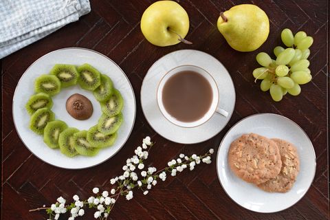 苹果，咖啡，杯，水果，葡萄，绿色，健康，梨，板