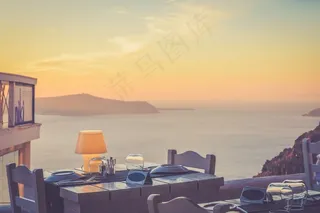 露天，海岸，晚餐，食品，酒店，餐厅，餐馆，海洋，天空，夏天