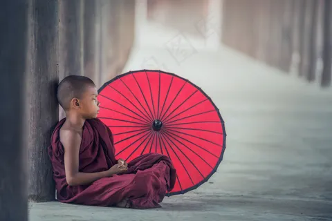 男孩，佛，佛教，佛教，儿童，伞