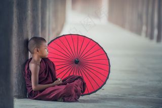 男孩，佛，佛教，佛教，儿童，伞