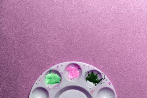 抽象，丙烯酸，艺术，多彩，工艺，创意，设计，女性，平躺，油漆，调色板，粉红色，纹理，顶部，纸盒