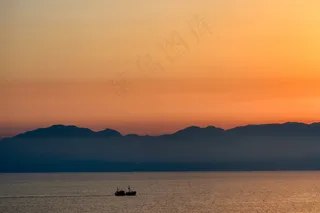 船，山，天空，日落，水