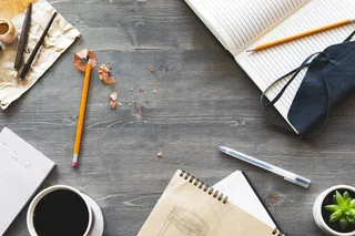 绘图，平躺，笔记本，纸，笔，铅笔，素描，表，顶部，木纹，书写