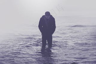 海岸，戏剧，男性，之一，穆迪，海洋，悲伤，海，不开心，水