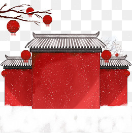手绘春节红色古建筑灯笼免扣png,免抠元素(2362*2362px)psd模版下载