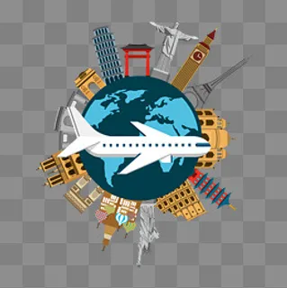 卡通手绘环游世界的航空飞机,免抠元素