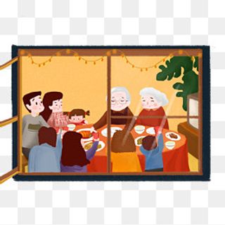 卡通手绘春节全家一家老小吃团圆,免抠元素