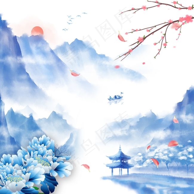 中国风简约水墨山水画梅花蓝色背景图片素材,背景元素