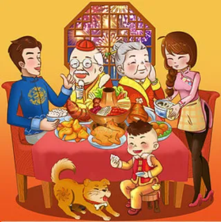 卡通新年场景团圆年夜饭一家团聚,免抠元素