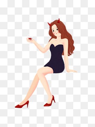 手绘喝红酒的小恶魔可商用元素,免抠元素