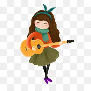 手绘卡通可爱女生弹吉他,免抠元素