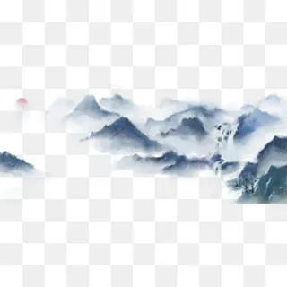 山水画水墨群山连绵淡彩,免抠元素