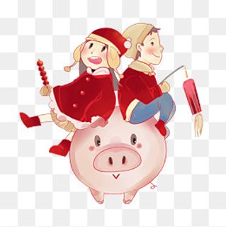 新年少男少女可爱猪中国红PNG糖葫,免抠元素