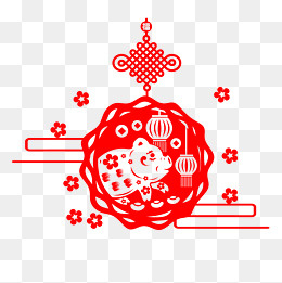 猪年剪纸风格小猪送福,免抠元素