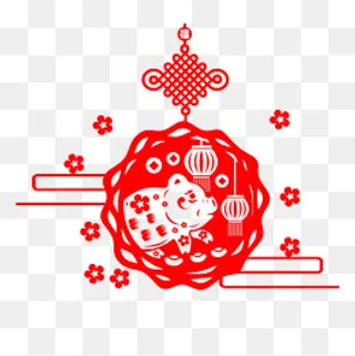 猪年剪纸风格小猪送福,免抠元素