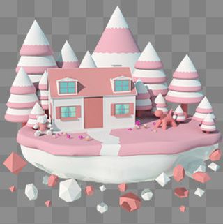粉色梦幻3D卡通小房子立体C4D,免抠元素