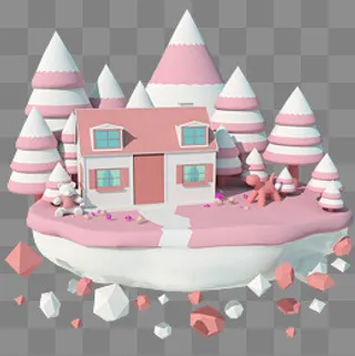 粉色梦幻3D卡通小房子立体C4D,免抠元素