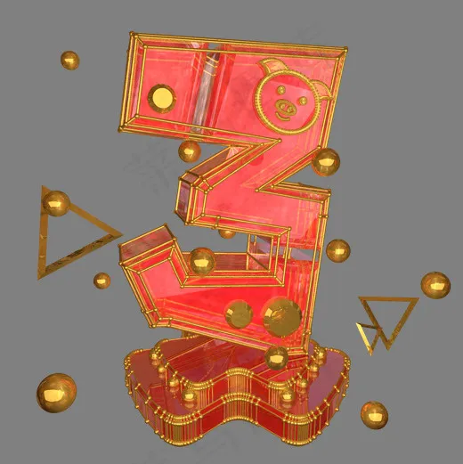 金色红色新年C4D猪年倒计时数字3