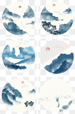 中国风山水场景圆形挂画装饰(2666X4027(DPI:400))psd模版下载