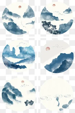 中国风山水场景圆形挂画装饰(2666X4027(DPI:400))psd模版下载