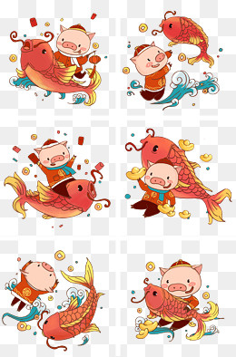 猪年2019年金猪锦鲤红包金元宝恭,免抠元素