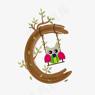卡通创意猫头鹰站在树枝