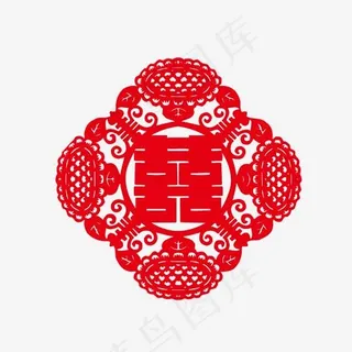 红色向日葵花边双喜结婚喜字剪纸贴纸装饰矢量下载