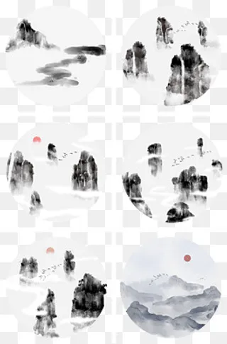 中国风水墨山水风景装饰元素,免抠元素