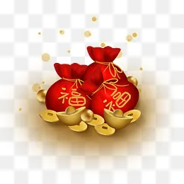农历新年祝福钱串金元宝和福袋,免抠元素(3275*2956px)psd模版下载