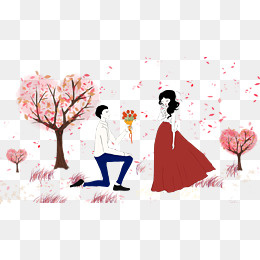 七夕情人节手绘情侣求婚唯美场景,免抠元素