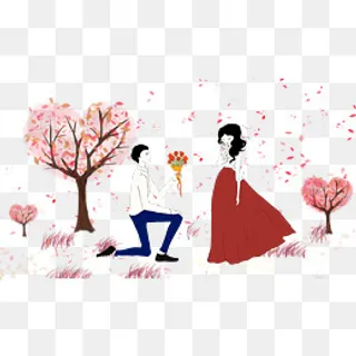 七夕情人节手绘情侣求婚唯美场景,免抠元素