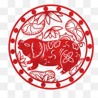 卡通手绘新年猪年窗花福猪,免抠元素