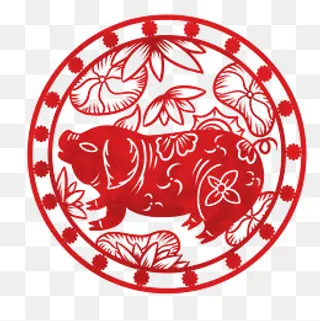 卡通手绘新年猪年窗花福猪,免抠元素