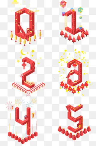 倒计时积木中国红放烟火数字0-5,免抠元素