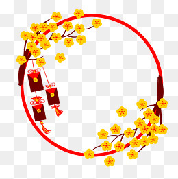 黄梅树枝新年福袋边框,免抠元素