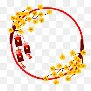 黄梅树枝新年福袋边框,免抠元素