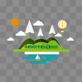 大山湖泊太阳树木气球图片,免抠元素