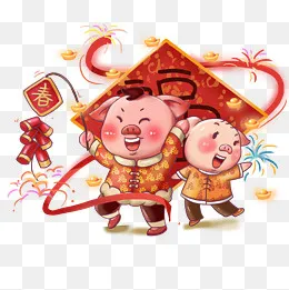 卡通手绘新年小福猪放鞭炮,免抠元素(2000*2000px)psd模版下载