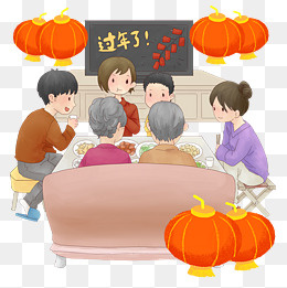 一家人边吃年夜饭边看春晚,免抠元素