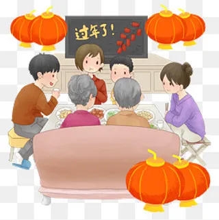 一家人边吃年夜饭边看春晚,免抠元素