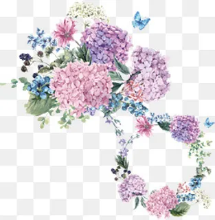 彩绘水彩紫色绣球花卉花环矢量素,免抠元素 彩绘水彩紫色绣球花卉花环矢量素,免抠元素