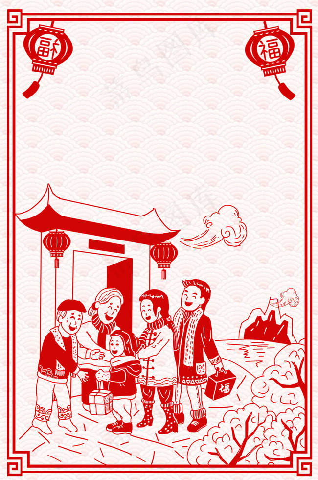 2019年新年剪纸风格背景图片素材,背景元素