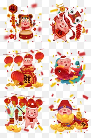 卡通猪年大吉2019新年红色喜庆猪,免抠元素