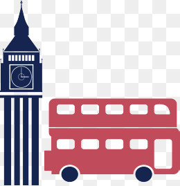 蓝色钟楼红色旅游车不规则图形英,免抠元素
