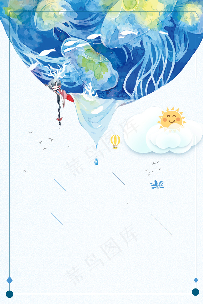 手绘夏日蓝色海洋水母小女孩小清新背景背景图片素材