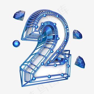 科技蓝倒计时数字2可商用,免抠元素艺术字