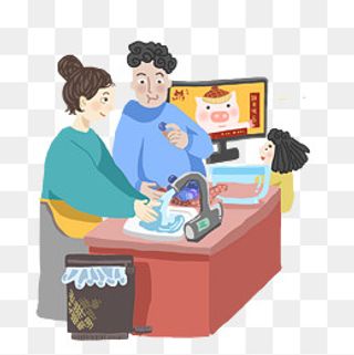 新年卡通手绘风一家人洗东西看电,免抠元素