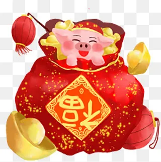2019年猪年到金猪贺岁福袋送元宝,免抠元素